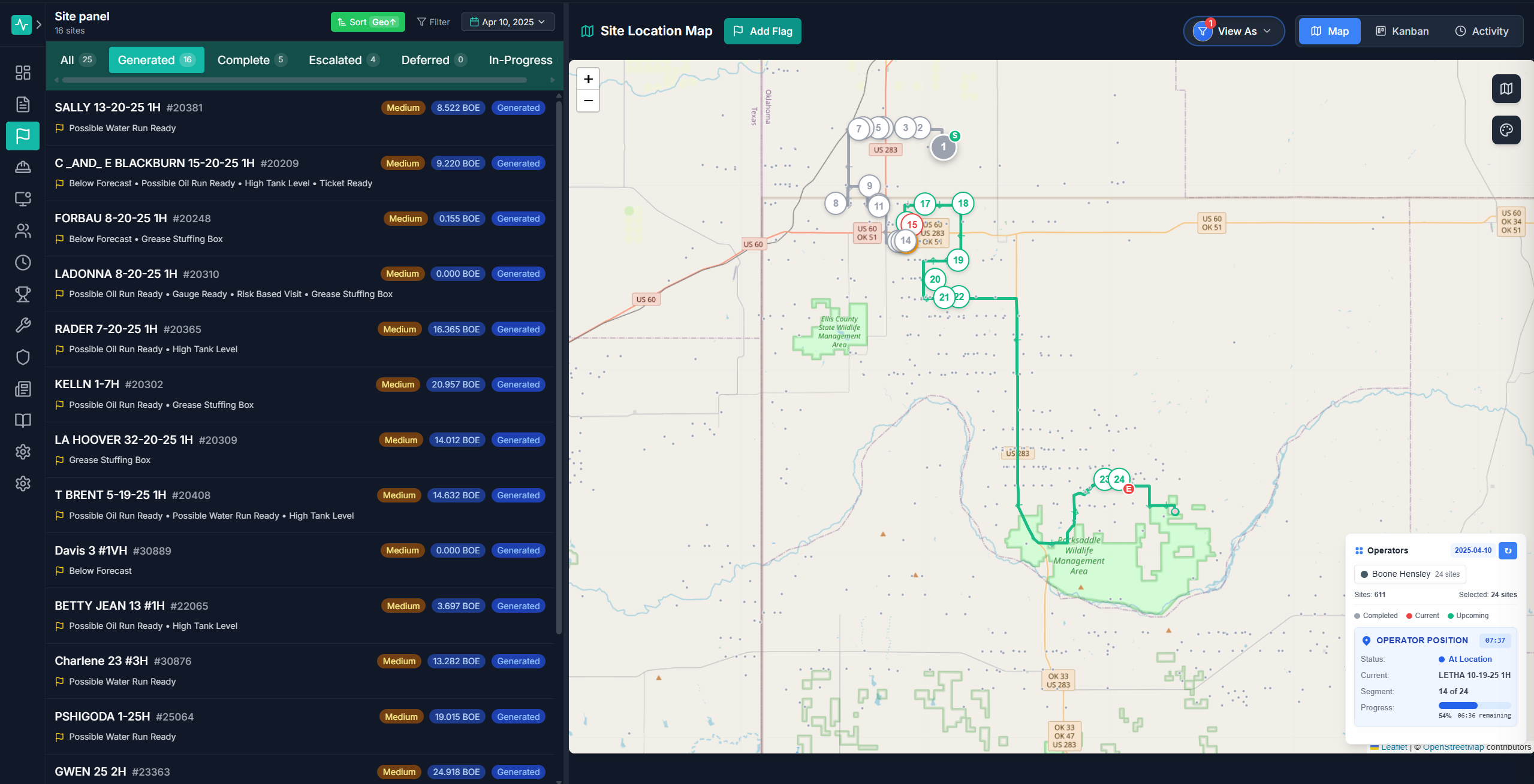 OPS geospatial route map showing optimized crew routes