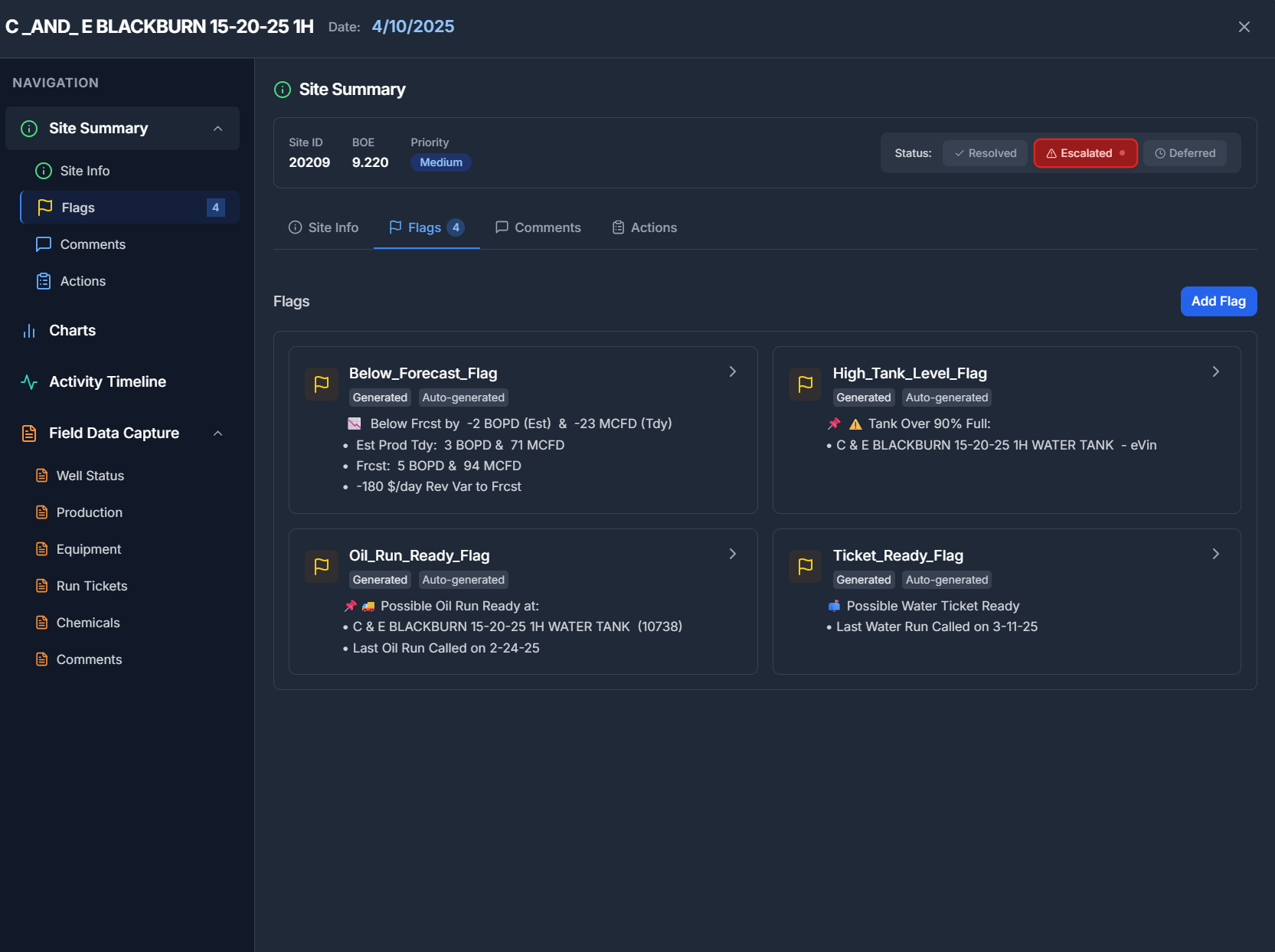 OPS site summary showing auto-generated flags and alerts