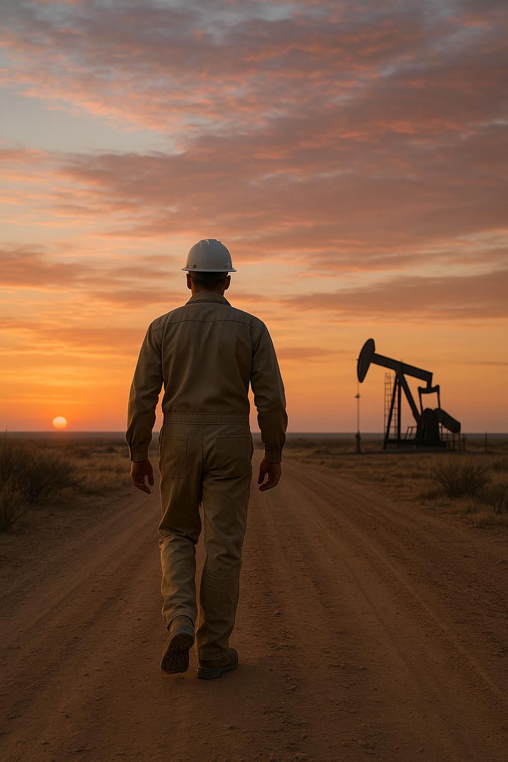 Oil field worker silhouette at sunset representing WorkSync's field expertise