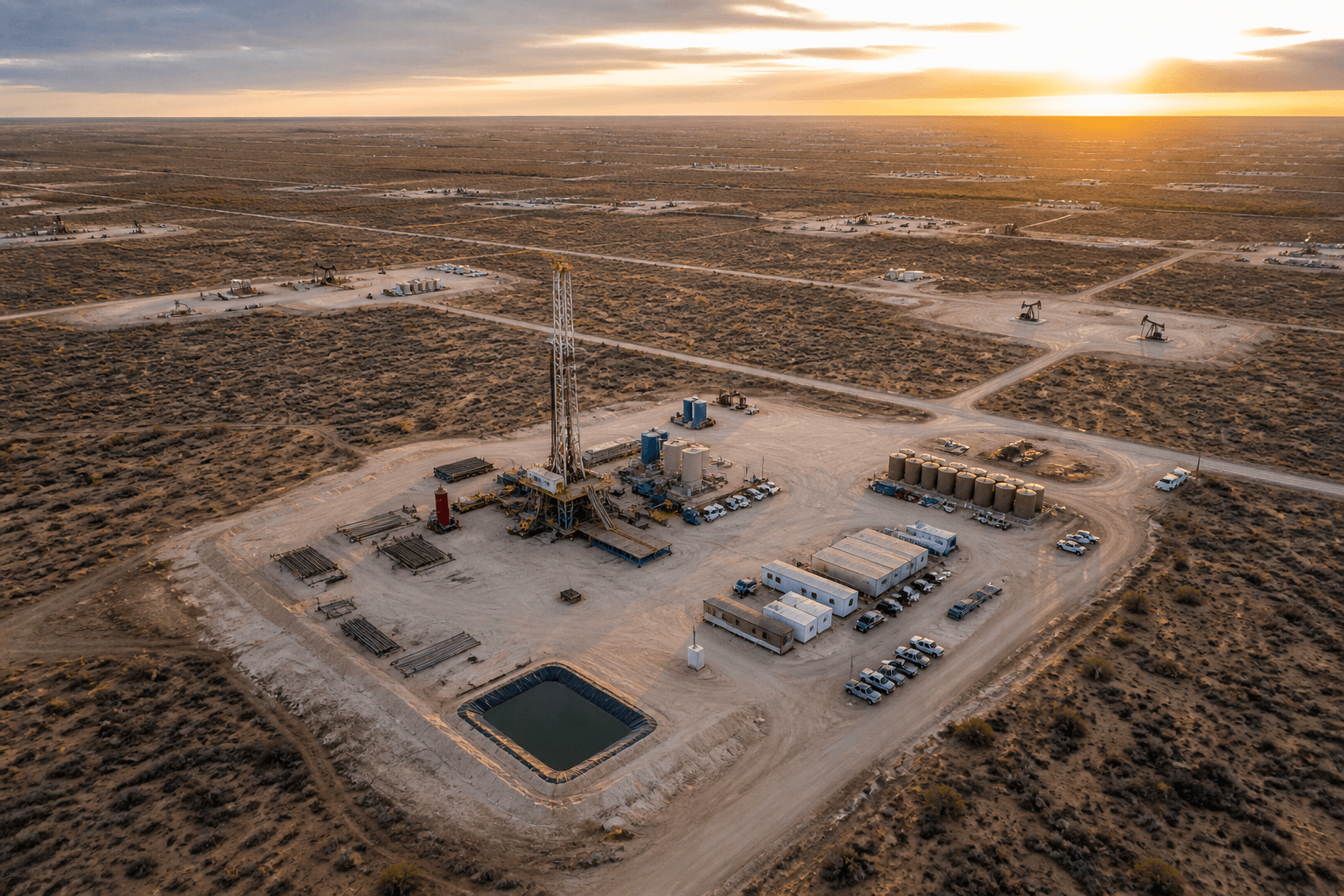 A drilling pad at golden hour: rig, frac tanks, water pit, and vehicle staging across an open landscape