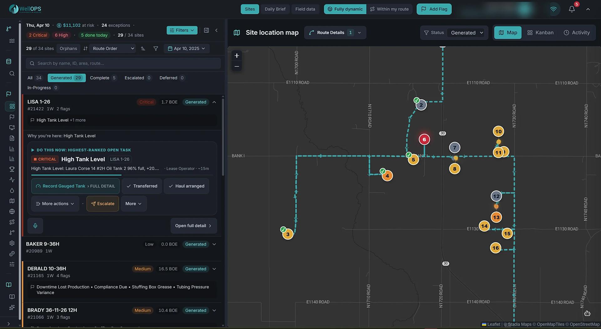 WellOPS working through the day's route: the ranked site list beside the live route map as stops complete