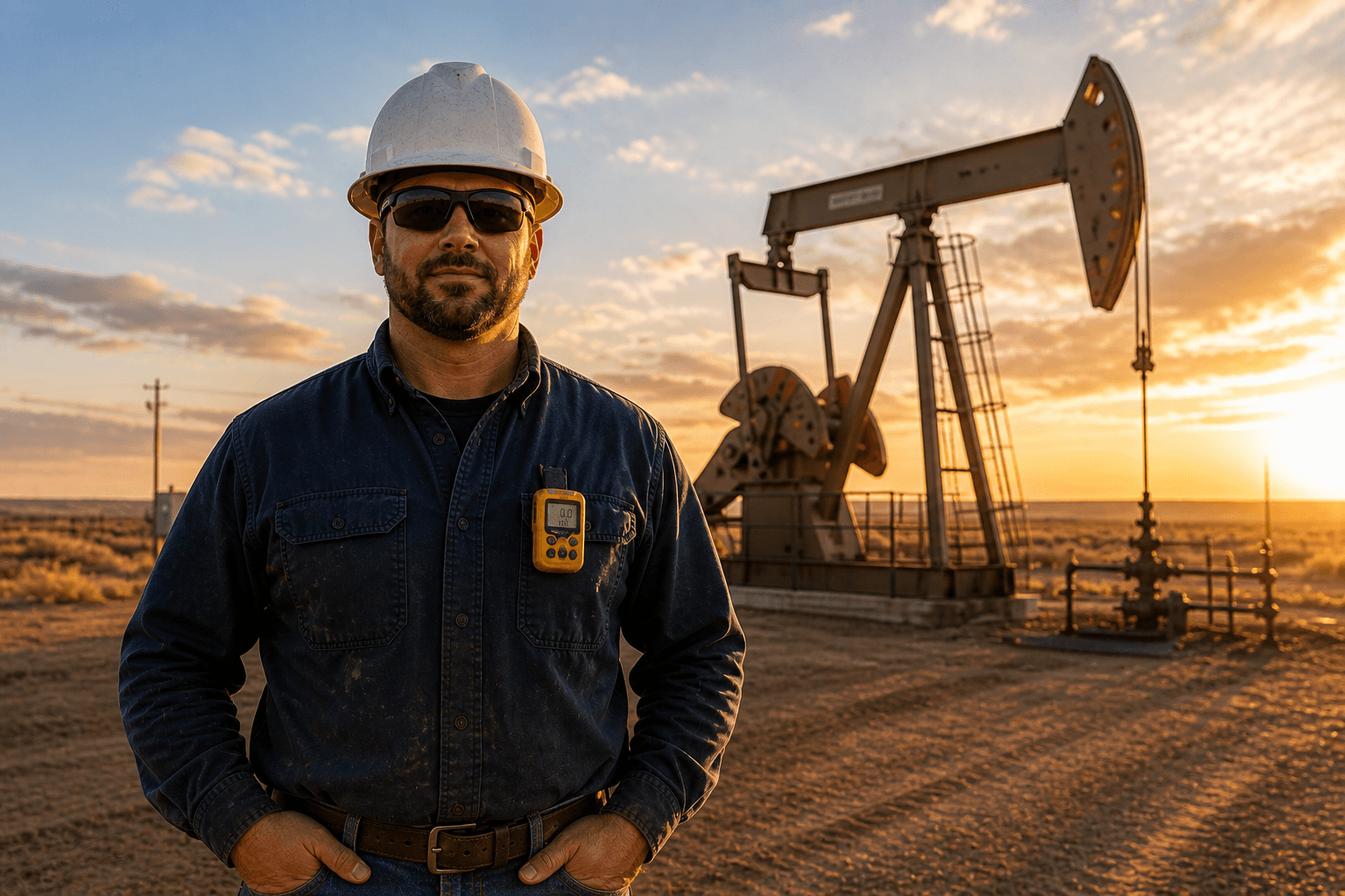 A field operator in hardhat and FR shirt standing in front of a pumpjack at golden hour