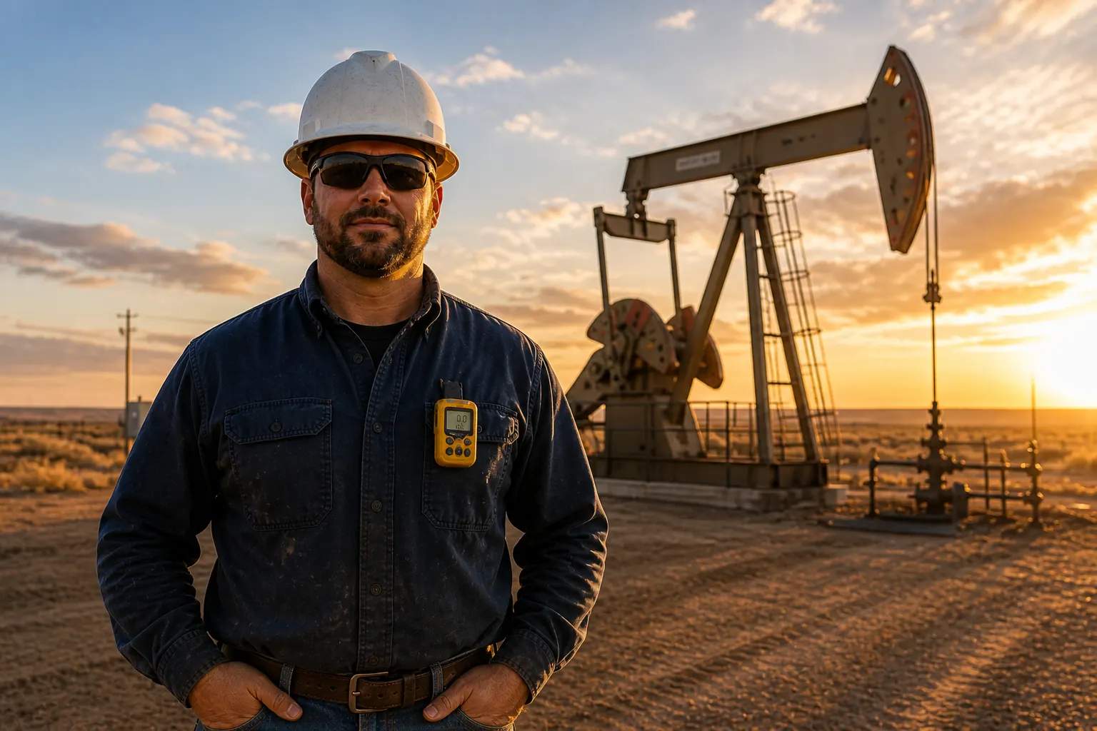 A field team member in hard hat, safety glasses, and FR shirt standing at a pumpjack at sunset