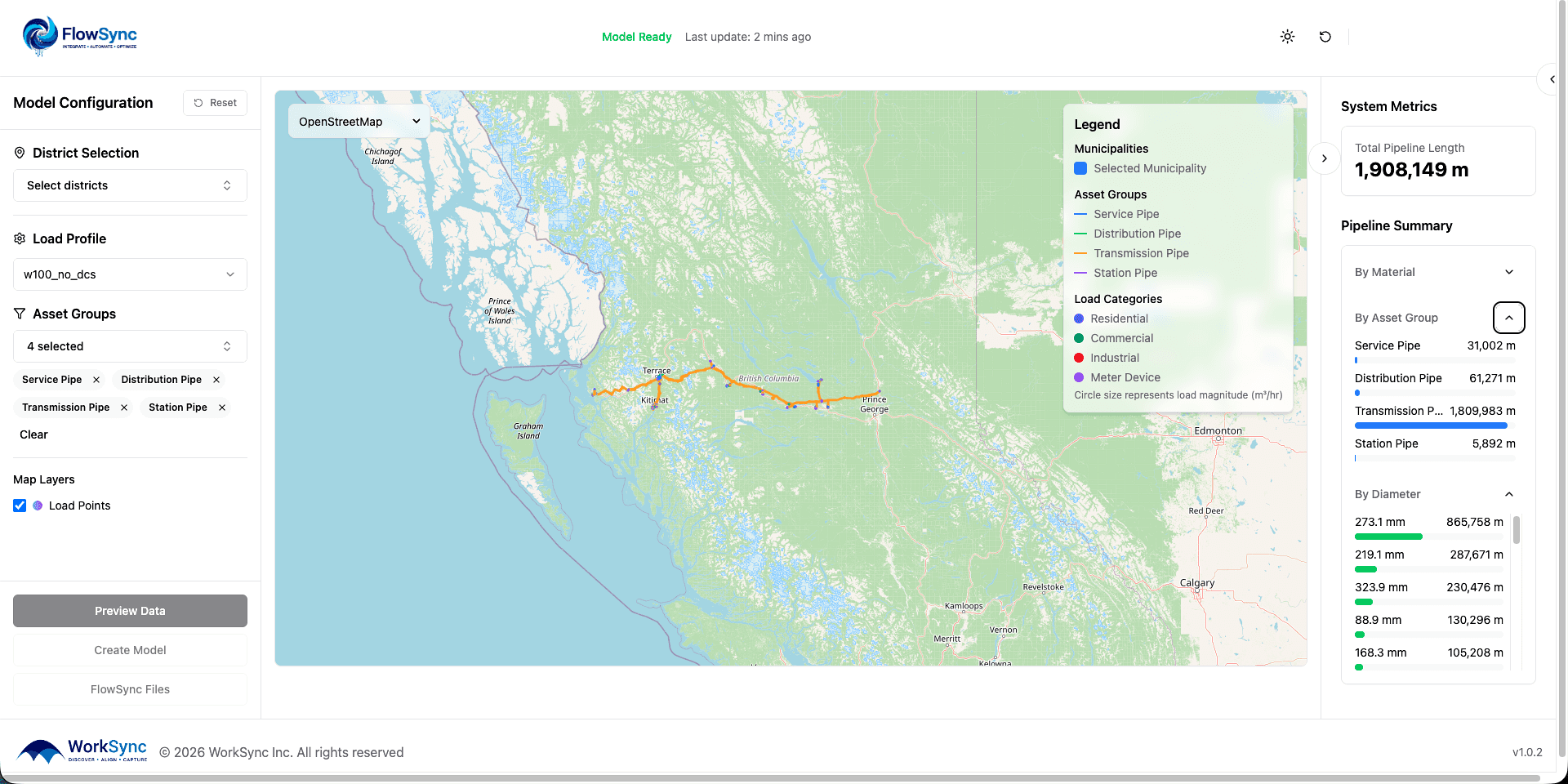 FlowSync pipeline-system model preview: built from existing PDFs