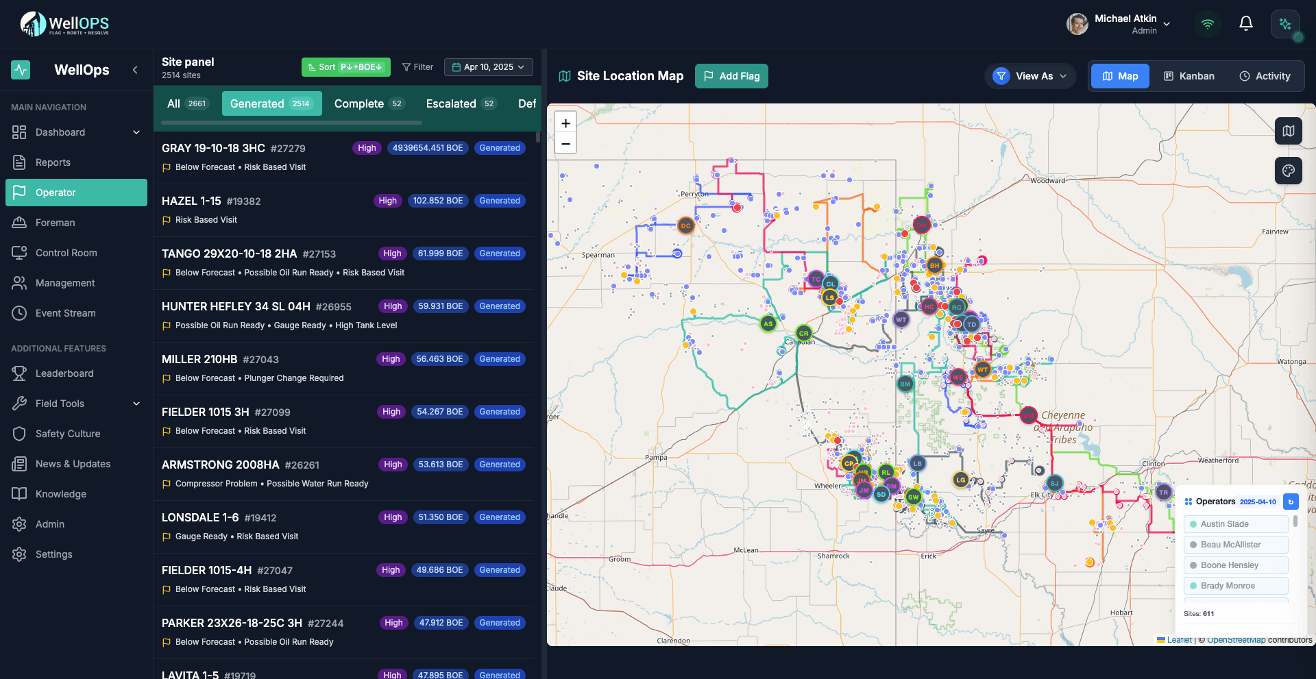WellOPS operator site list and map: every well ranked, mapped, and routed for the day